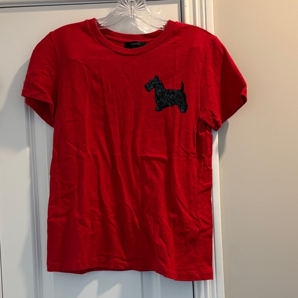 J. Crew Red Crewneck Tee with Sequin Dog Appliqué